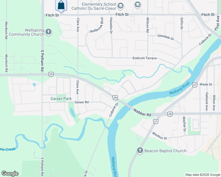 map of restaurants, bars, coffee shops, grocery stores, and more near Southgate Street in Welland