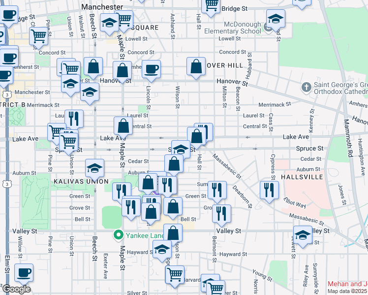 map of restaurants, bars, coffee shops, grocery stores, and more near 364 Spruce Street in Manchester