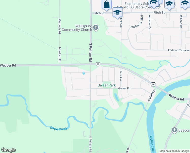 map of restaurants, bars, coffee shops, grocery stores, and more near 67 Spruce Crescent in Welland