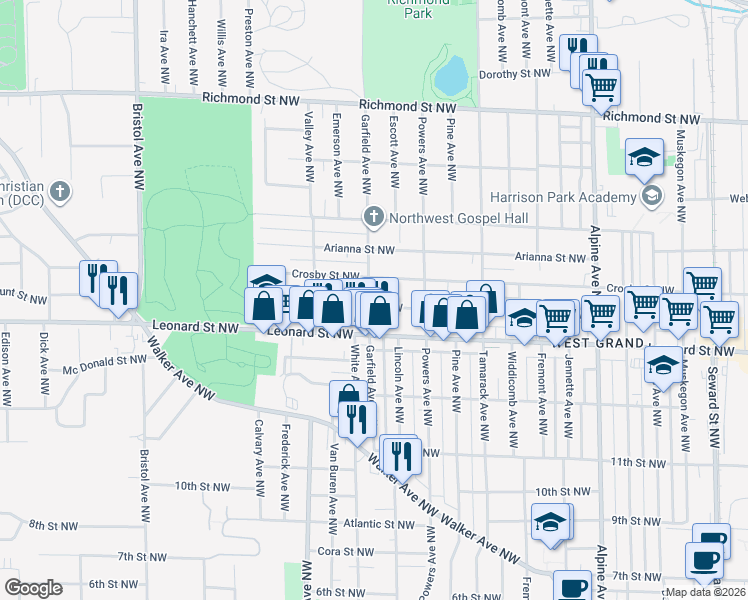 map of restaurants, bars, coffee shops, grocery stores, and more near 1236 Garfield Avenue Northwest in Grand Rapids