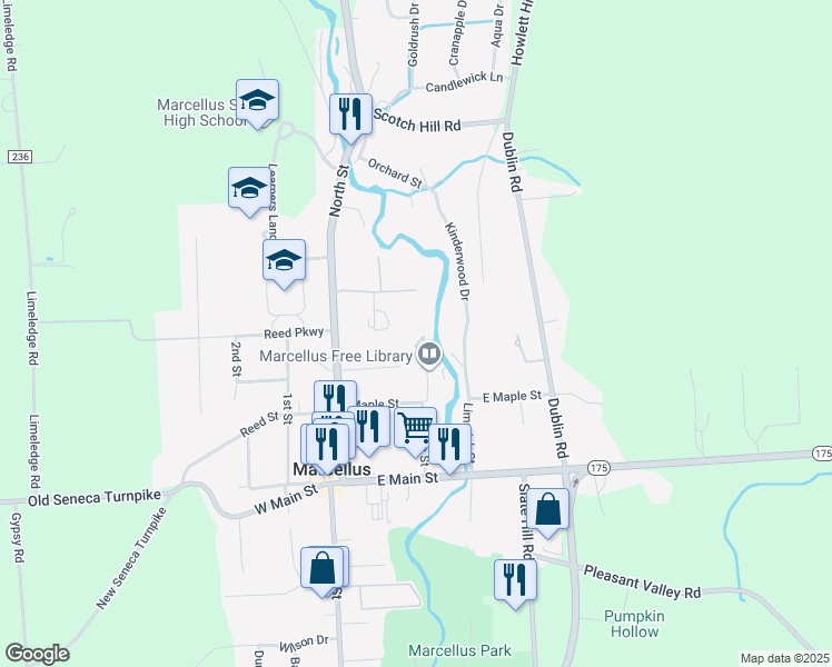 map of restaurants, bars, coffee shops, grocery stores, and more near 33 Maple Street in Marcellus