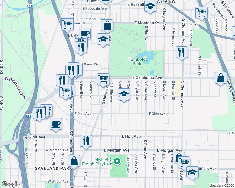map of restaurants, bars, coffee shops, grocery stores, and more near 3153 South Adams Avenue in Milwaukee