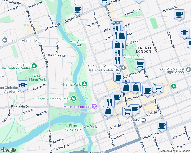 map of restaurants, bars, coffee shops, grocery stores, and more near 536 Ridout Street North in London