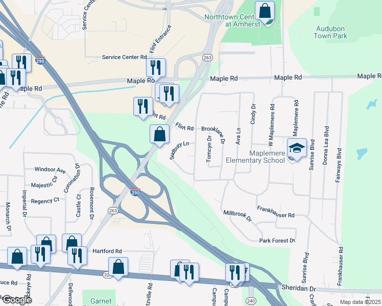 map of restaurants, bars, coffee shops, grocery stores, and more near 572 Frankhauser Road in Buffalo