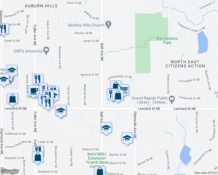 map of restaurants, bars, coffee shops, grocery stores, and more near 1600 South Greenfield Circle Northeast in Grand Rapids