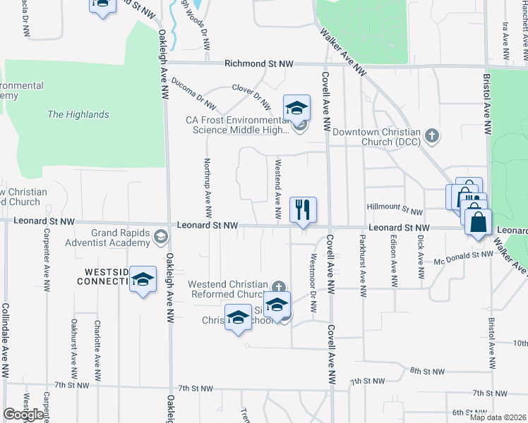 map of restaurants, bars, coffee shops, grocery stores, and more near 2131 Leonard Street Northwest in Grand Rapids
