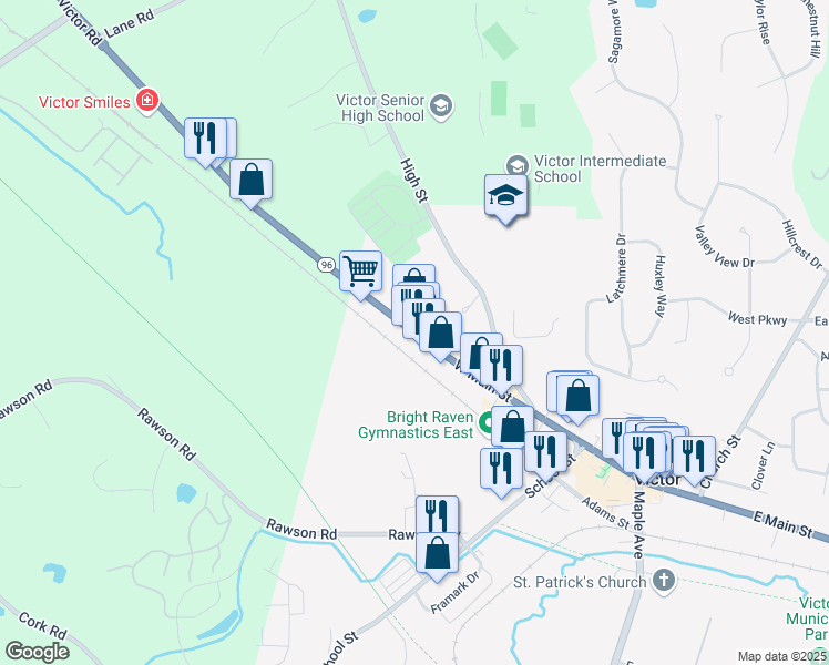 map of restaurants, bars, coffee shops, grocery stores, and more near 260 Highway 96 in Victor