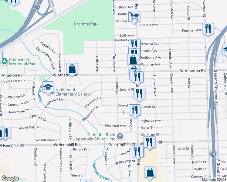 map of restaurants, bars, coffee shops, grocery stores, and more near 1211 Leland Street in Flint