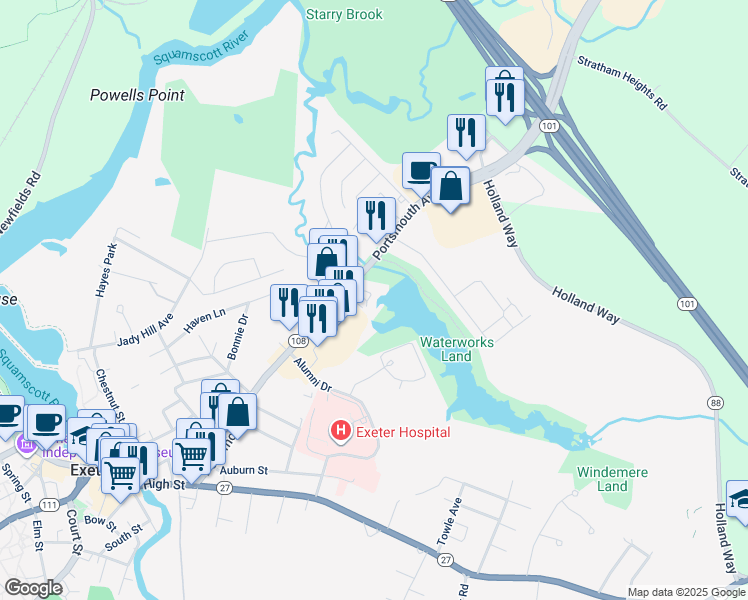 map of restaurants, bars, coffee shops, grocery stores, and more near 111 Portsmouth Avenue in Exeter
