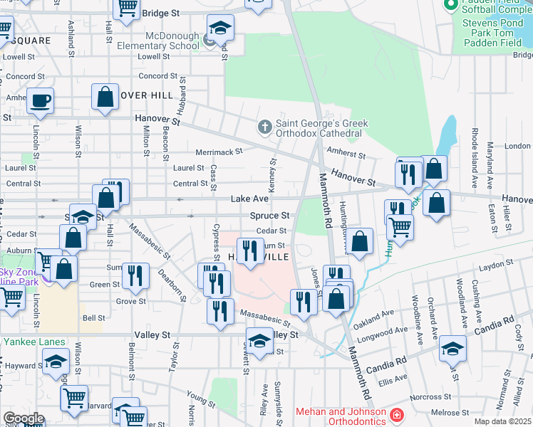 map of restaurants, bars, coffee shops, grocery stores, and more near 615 Lake Avenue in Manchester