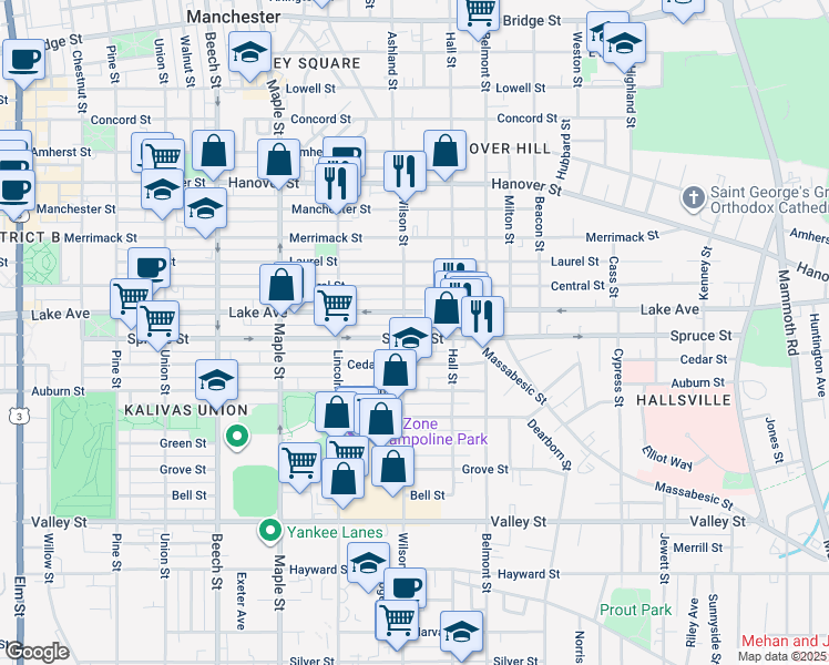 map of restaurants, bars, coffee shops, grocery stores, and more near 403 Lake Avenue in Manchester