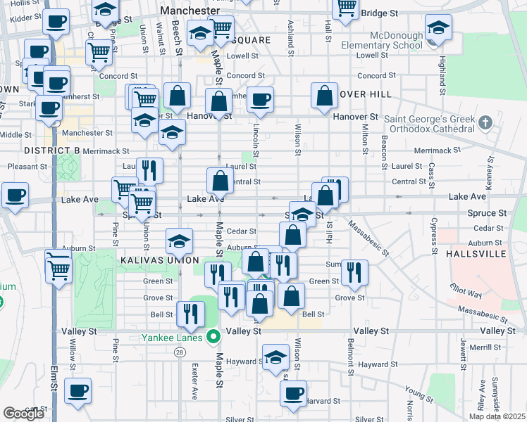 map of restaurants, bars, coffee shops, grocery stores, and more near 345 Lake Avenue in Manchester
