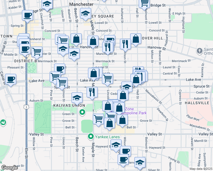 map of restaurants, bars, coffee shops, grocery stores, and more near 345 Lake Avenue in Manchester