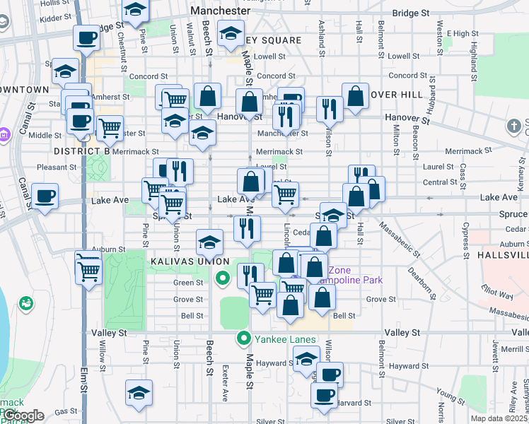 map of restaurants, bars, coffee shops, grocery stores, and more near 311 Lake Avenue in Manchester