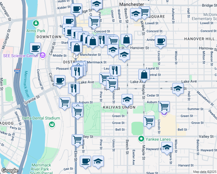 map of restaurants, bars, coffee shops, grocery stores, and more near 177 Lake Avenue in Manchester