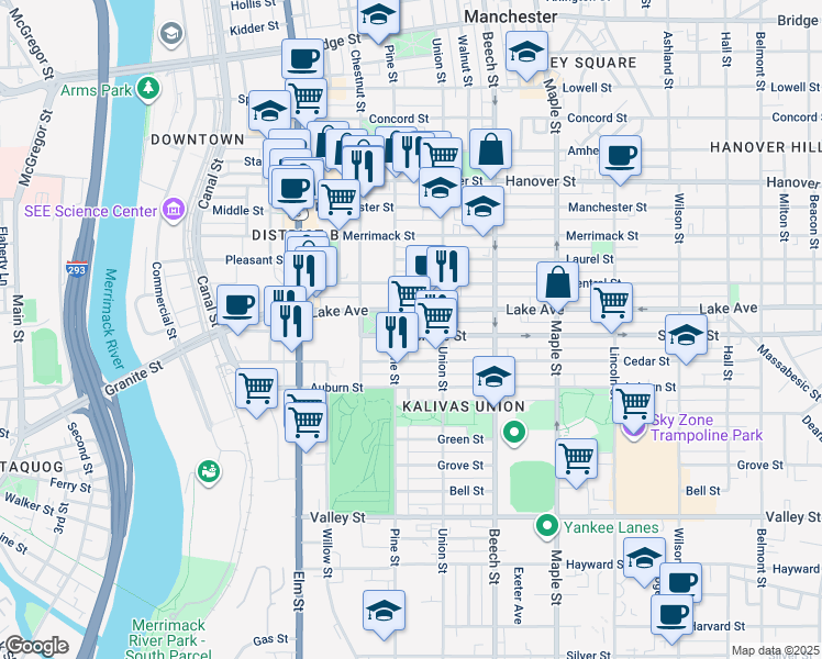 map of restaurants, bars, coffee shops, grocery stores, and more near 177 Lake Avenue in Manchester
