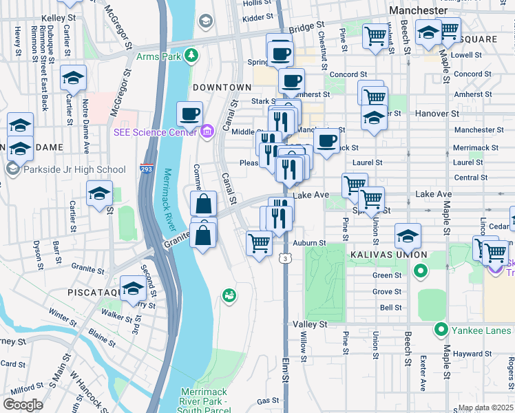 map of restaurants, bars, coffee shops, grocery stores, and more near 2-110 Granite St in Manchester