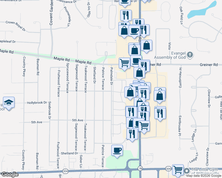 map of restaurants, bars, coffee shops, grocery stores, and more near 239-263 Palmdale Drive in Buffalo