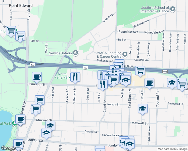 map of restaurants, bars, coffee shops, grocery stores, and more near 340 Willowdale Crescent in Sarnia