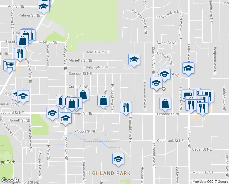 map of restaurants, bars, coffee shops, grocery stores, and more near 1322 Portland Avenue Northeast in Grand Rapids