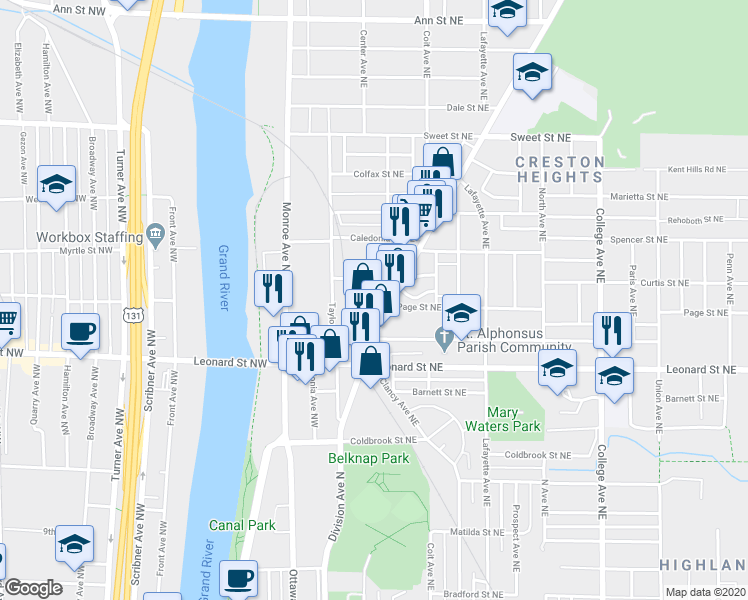 map of restaurants, bars, coffee shops, grocery stores, and more near 50 Grove Street Northeast in Grand Rapids