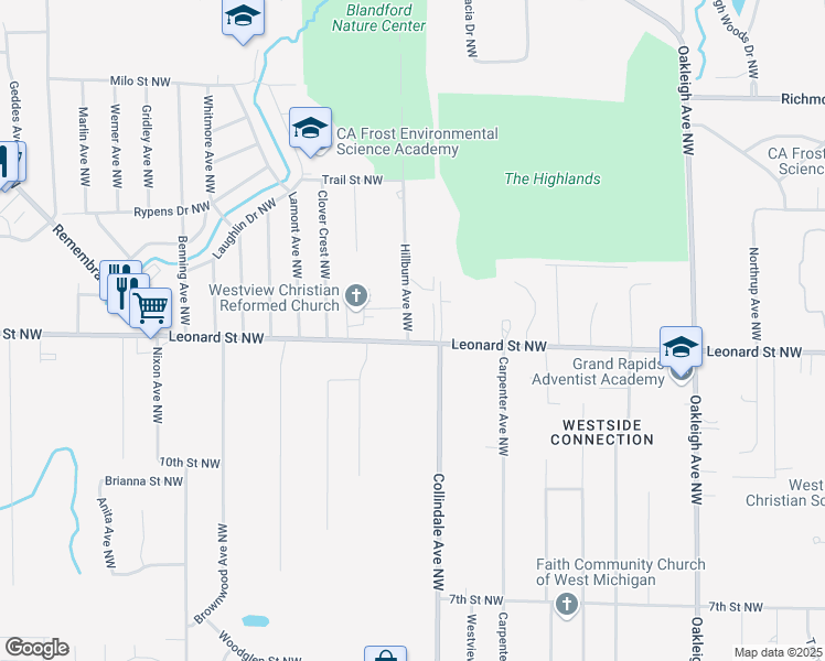 map of restaurants, bars, coffee shops, grocery stores, and more near 1220 Hillburn Avenue Northwest in Grand Rapids