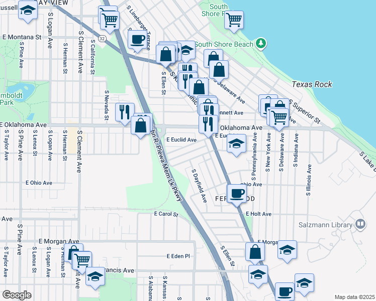 map of restaurants, bars, coffee shops, grocery stores, and more near 1933 East Hillcrest Avenue in Milwaukee