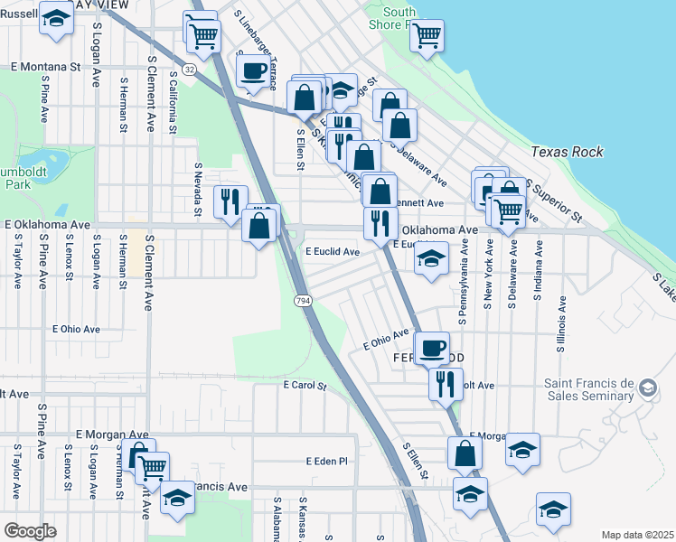 map of restaurants, bars, coffee shops, grocery stores, and more near 1933 East Hillcrest Avenue in Milwaukee