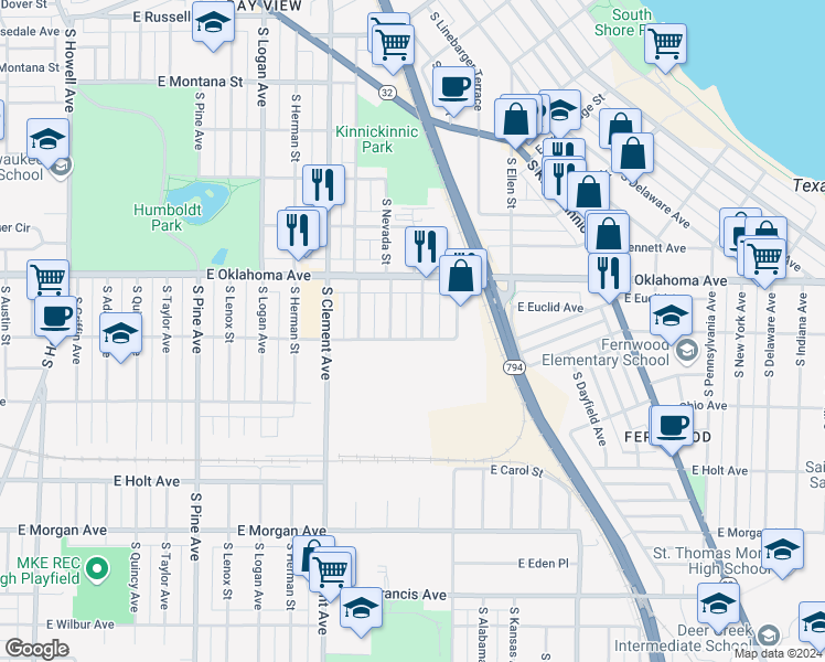 map of restaurants, bars, coffee shops, grocery stores, and more near 3153 South Hanson Avenue in Milwaukee