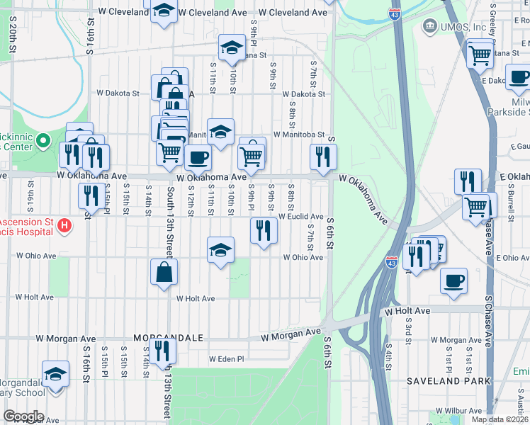 map of restaurants, bars, coffee shops, grocery stores, and more near 3154 South 9th Street in Milwaukee