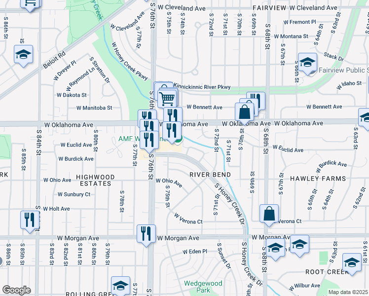 map of restaurants, bars, coffee shops, grocery stores, and more near 7408 West Fernwood Circle in Milwaukee