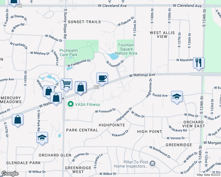 map of restaurants, bars, coffee shops, grocery stores, and more near 13445 West National Avenue in New Berlin
