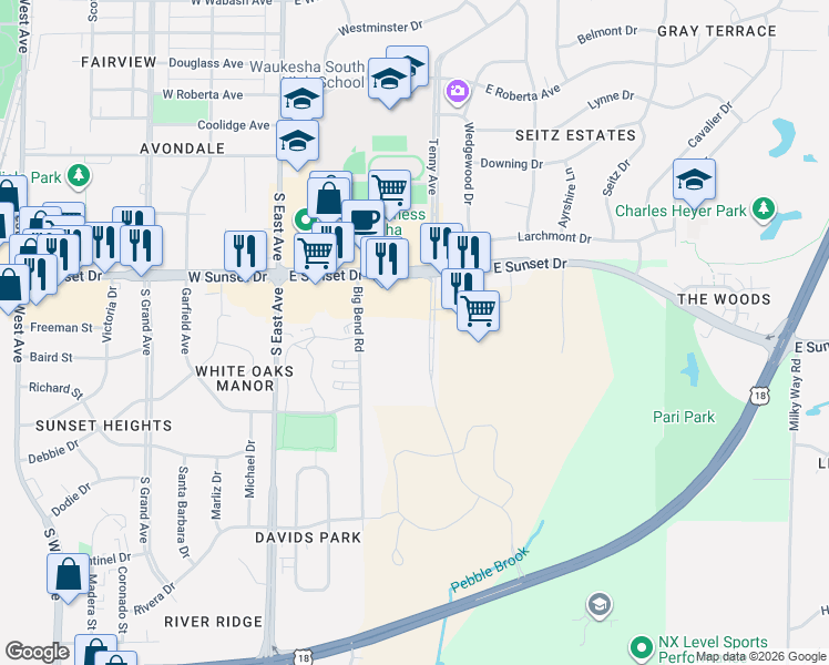 map of restaurants, bars, coffee shops, grocery stores, and more near 1431 Big Bend Road in Waukesha