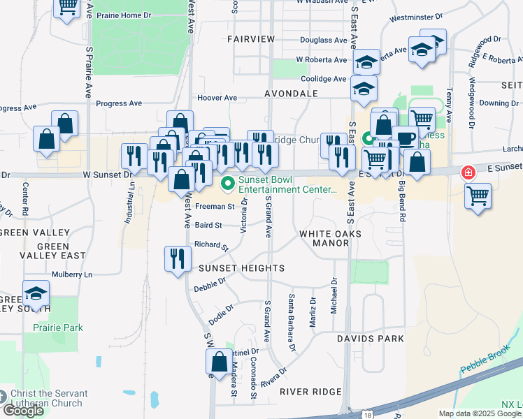 map of restaurants, bars, coffee shops, grocery stores, and more near 1425 Victoria Drive in Waukesha