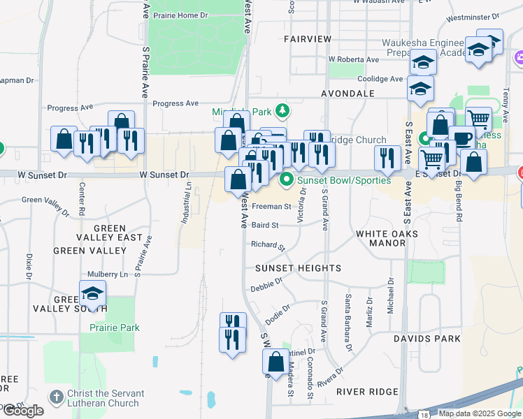 map of restaurants, bars, coffee shops, grocery stores, and more near 453 Freeman Street in Waukesha