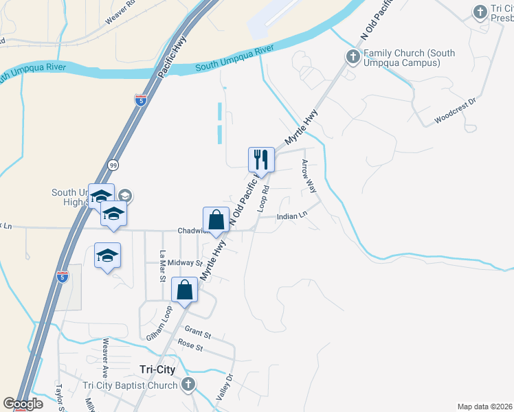 map of restaurants, bars, coffee shops, grocery stores, and more near 157 Loop Road in Myrtle Creek