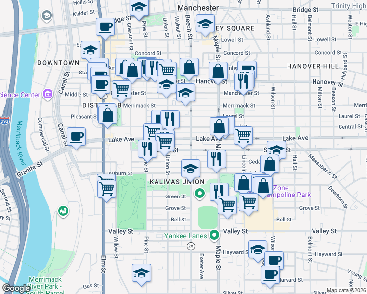 map of restaurants, bars, coffee shops, grocery stores, and more near 253 Lake Avenue in Manchester