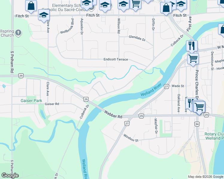 map of restaurants, bars, coffee shops, grocery stores, and more near 165 Colbeck Drive in Welland