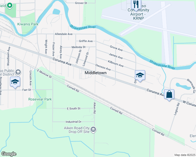 map of restaurants, bars, coffee shops, grocery stores, and more near 1800 Corunna Avenue in Owosso