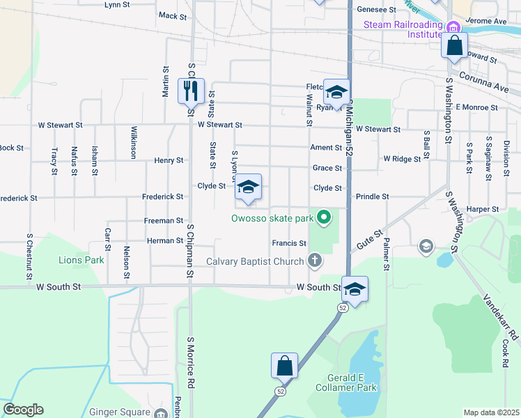 map of restaurants, bars, coffee shops, grocery stores, and more near 925 Hampton Avenue in Owosso