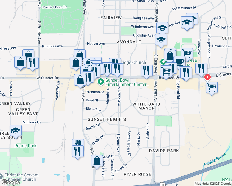 map of restaurants, bars, coffee shops, grocery stores, and more near 1425 Victoria Drive in Waukesha
