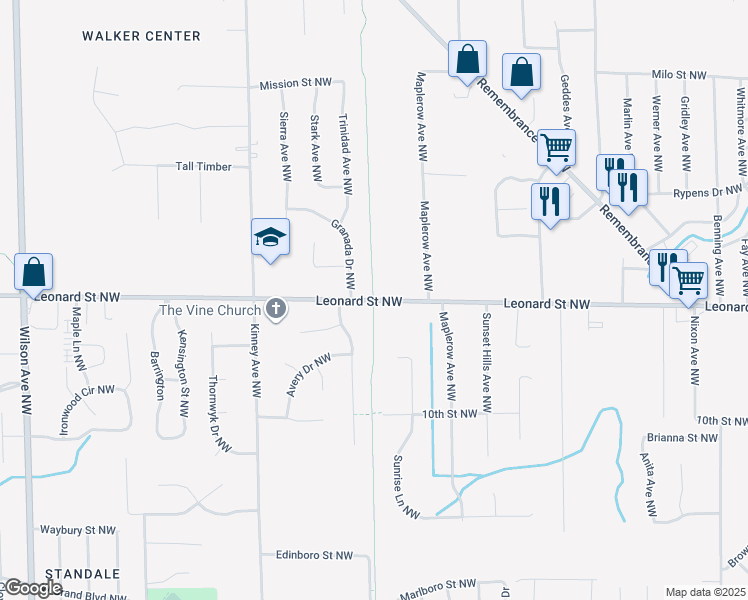 map of restaurants, bars, coffee shops, grocery stores, and more near 3787 Leonard Street Northwest in Grand Rapids