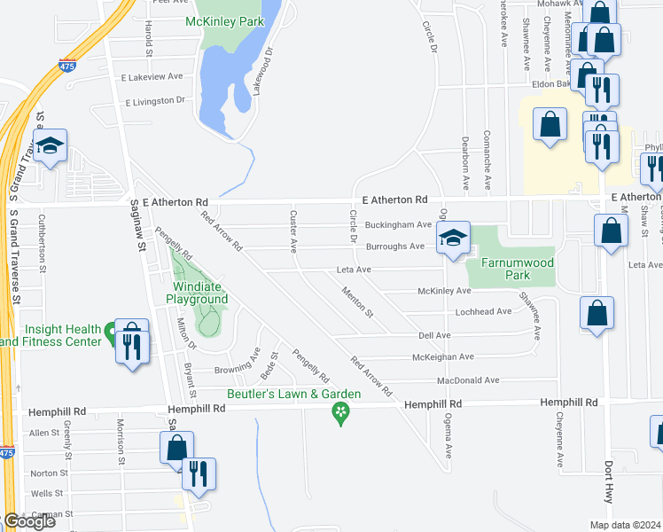 map of restaurants, bars, coffee shops, grocery stores, and more near 431 Leta Avenue in Flint