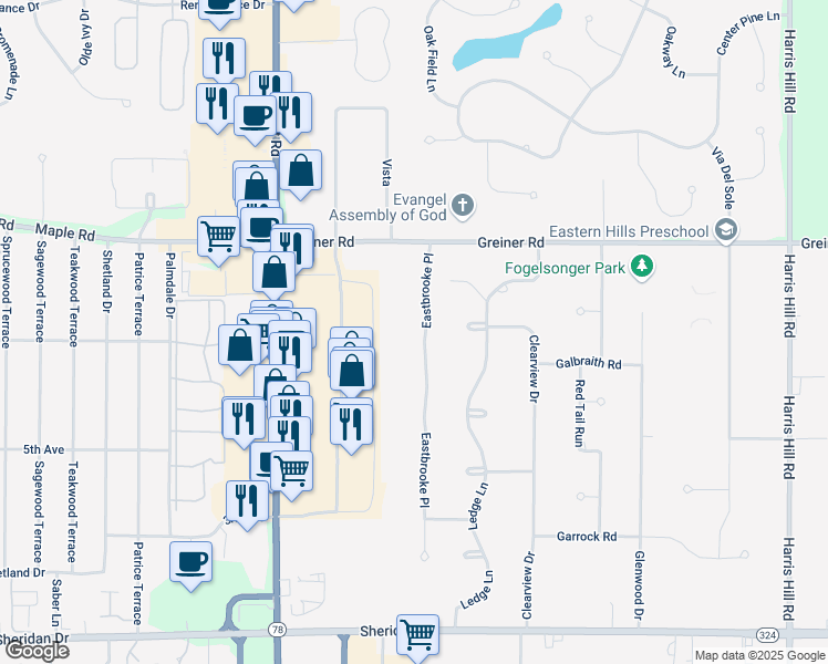 map of restaurants, bars, coffee shops, grocery stores, and more near 5142 Eastbrooke Place in Buffalo