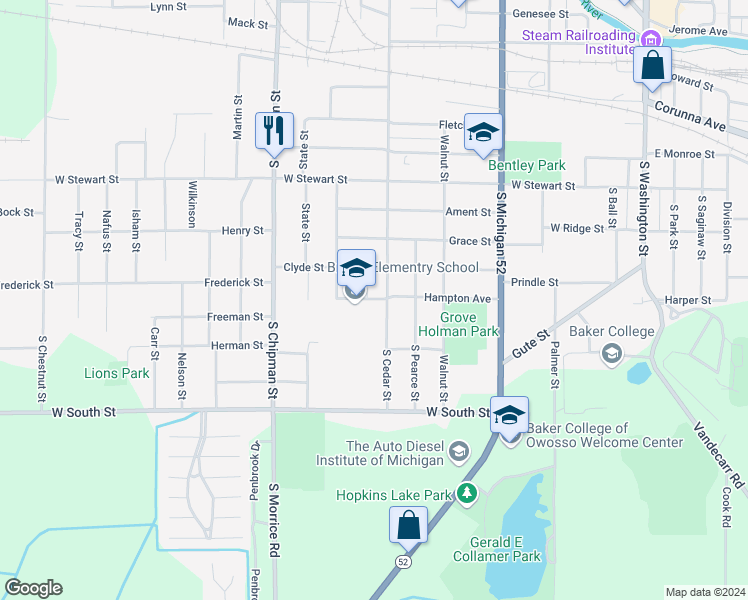 map of restaurants, bars, coffee shops, grocery stores, and more near 925 Hampton Avenue in Owosso