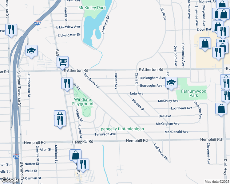 map of restaurants, bars, coffee shops, grocery stores, and more near 329 Leta Avenue in Flint