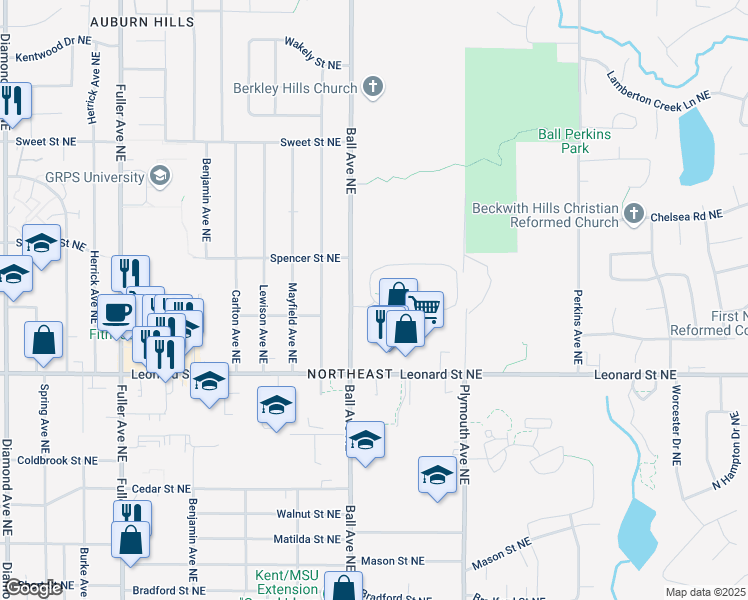 map of restaurants, bars, coffee shops, grocery stores, and more near 1700 North Greenfield Circle Northeast in Grand Rapids
