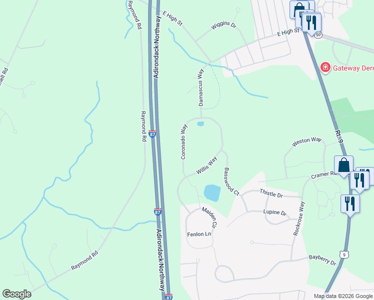 map of restaurants, bars, coffee shops, grocery stores, and more near 15 Coronado Way in Ballston Spa