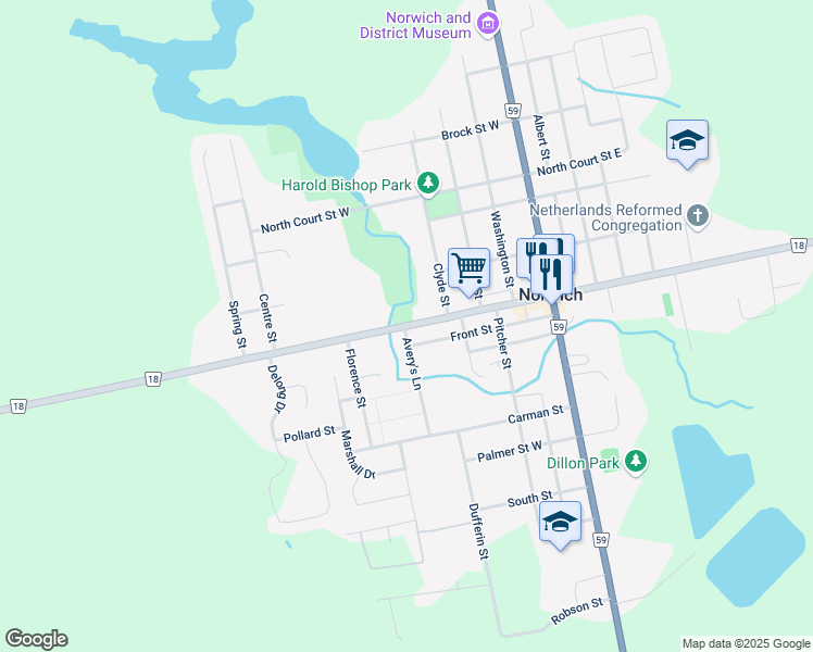map of restaurants, bars, coffee shops, grocery stores, and more near 44 Main St W in Norwich