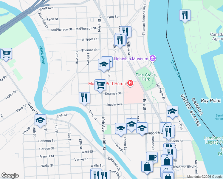 map of restaurants, bars, coffee shops, grocery stores, and more near 1216 Poplar Street in Port Huron